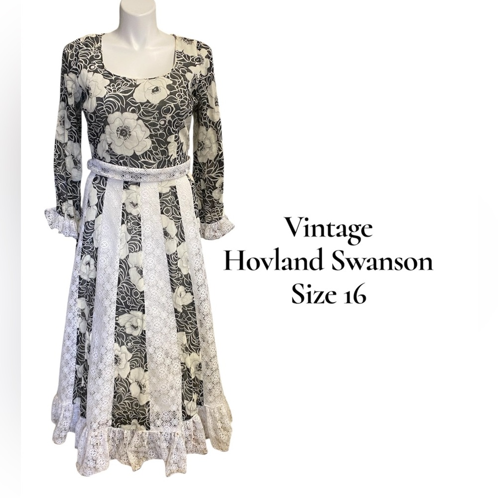 Vintage Hovland Swanson Maxi Dress Floral Lace Trim Long Sleeve Size‎ 16